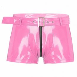 Hommes Sexy en cuir verni Zipper Crotch Boxer Shorts avec ceinture Discothèque Pole Dancing Show Hot Pants Sous-vêtements de nuit Clubwear Y1Wf #