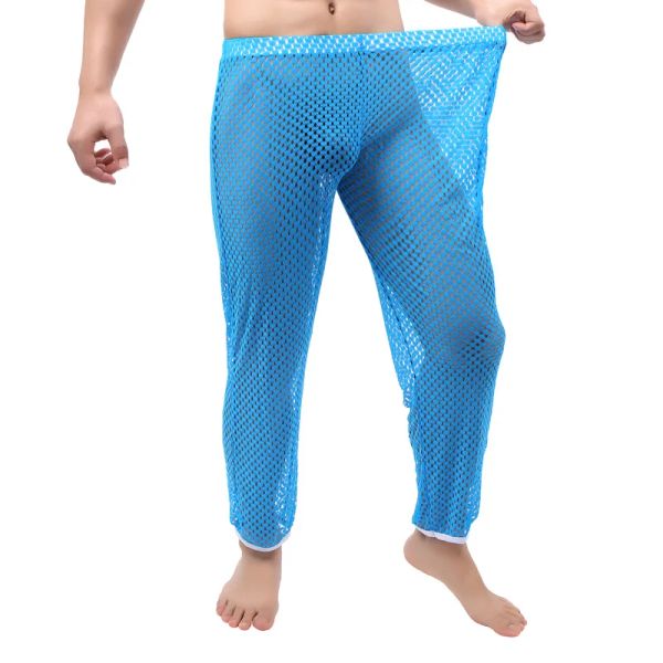 Hombres Sexy transparente Fishnet Pajama Bottoms Ver a través de pantalones casuales de malla Pantalones transparentes.