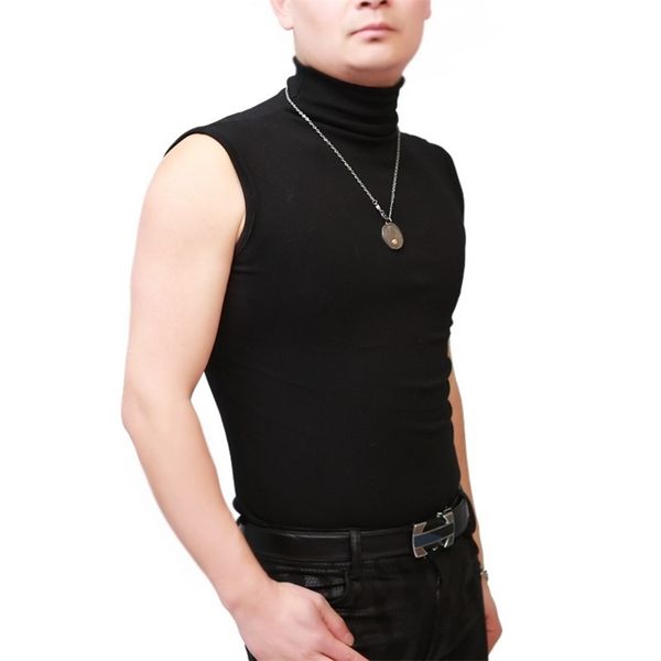 Hommes Sexy Turtleneck Tops Sans Manches Corset Serré Gilet Slim Bas Chemises Mâle Réservoirs Tops Stage Wear Night Club Costume 210408