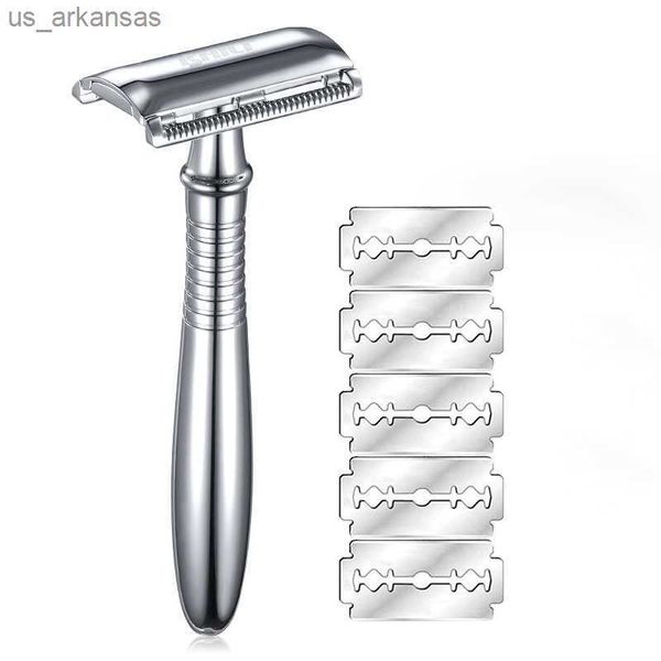 Maquinillas de afeitar de seguridad de metal inoxidable para hombres, maquinilla de afeitar de doble filo Manual clásica con mango largo, depilación personal L230523
