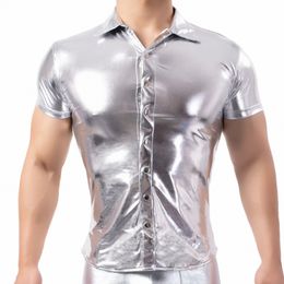 Mannen Glanzend Shirt Wetlook Lakleer Korte Mouwen Turn-Down Kraag Sexy T-shirts Butt T-shirts Tops Clubwear Casual Kleding W9xr #