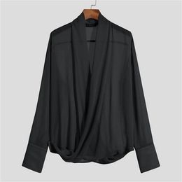 Camisa de hombre de malla transparente con cuello en V y manga larga, ropa de calle translúcida, camisas informales finas negras, vestido de fiesta para club 240126