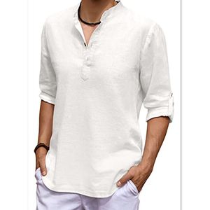 Hommes chemise nouveaux hommes lin à manches longues col en v t-shirt couleur unie décontracté chemise hawaïenne Yoga bouton respirant hauts chemises pour hommes