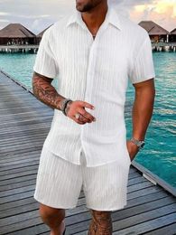 Men Shirt Sets 3D Imprimer des bandes solides à manches courtes Shorts de plage surdimensionnés décontractés Streetwear Hawaiian costumes vêtements 240329