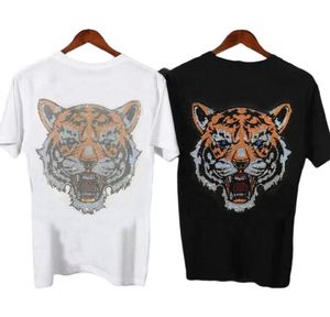 Camisa para hombres de manga corta para hombre negro blanco caliente taladro camisetas lentejuelas moda modelo tigre fresco