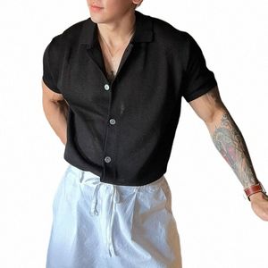 Hommes Chemise Couleur Unie Tricoté Revers Manches Courtes Style Coréen Été Hommes Vêtements Streetwear 2023 Chemises Décontractées S-5XL INCERUN L3w6 #