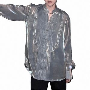 Mannen Shirt Effen Glanzende Revers Lg Mouw Mesh Losse Mannen Kleding Streetwear 2023 Transparante Fi Party Shirts S-5XL INCERUN O02H #