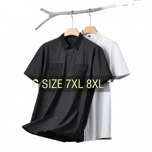 Mannen Overhemd Gestreept Zak Korte Mouw Zomer Oversize 6XL 7XL 8XL 10XL Plus Size Koud Dun Casual Zacht Mannelijke Losse Hoge Kwaliteit P2TY #