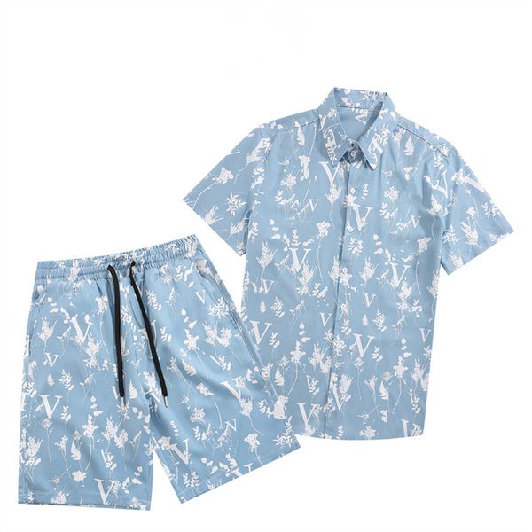 Camisas de hombre + Conjunto de pantalones cortos Nuevo verano Camisa hawaiana estampada informal Homme Vestido corto de impresión masculina Conjuntos de traje Tallas grandes camisa de botón causual de algodón superior