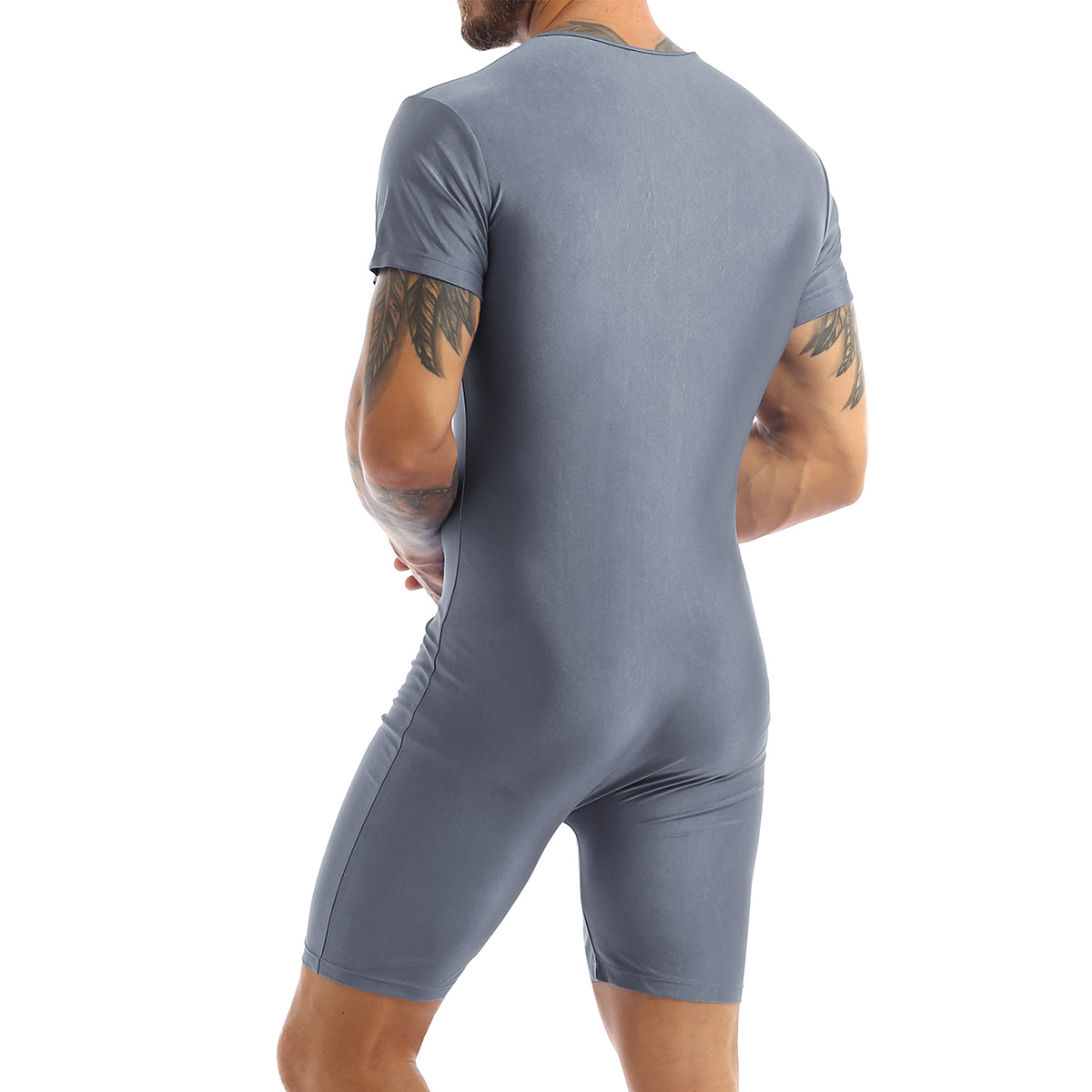 Men Short Sleeve Front Zipper One-piece Ballet Gymnastics Leotard Bodysuit Jumpsuit Male Sports Gym Underwear Swimsuit Sleepwear