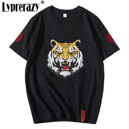 Hommes à manches courtes T-shirt Style chinois tête de tigre broderie hauts t-shirts Hip Hop Streetwear Harajuku coton