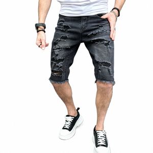 Hommes Shorts Summer Holes Slim Pantalons à cinq points Street Stylé Casual Mâle Solid Straight Jeans Beach Denim Shorts N7Rn #