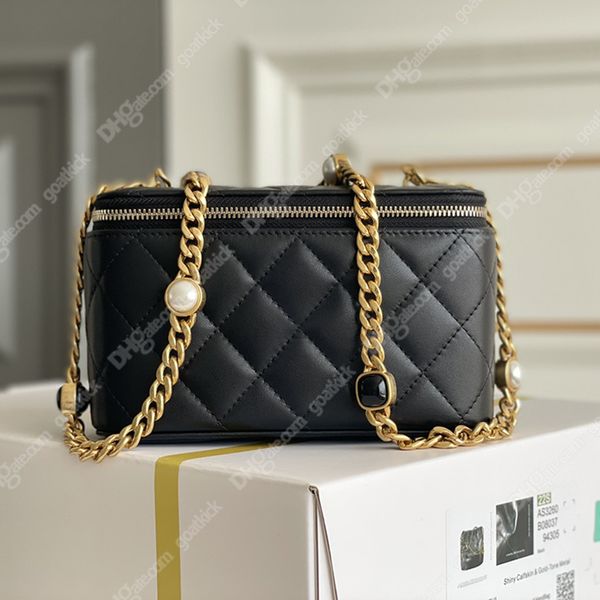 Sac à cosmétiques design de luxe pour femmes, sac à chaîne 17cm en cuir véritable noir rose, sacs à bandoulière de maquillage de qualité supérieure