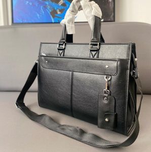 Bolsos de hombro para hombre, muchos bolsillos con cremallera, maletín, bolso de diseñador de cuero de vaca negro, bolso de negocios de alta calidad 5A, placa de identificación triangular, bolso de mensajero para computadora portátil para hombre 39 cm