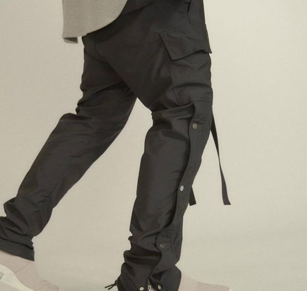 Pantalones cargo con broche lateral para hombre, pantalones deportivos ajustados con cintura con cintas de estilo Hip Hop, color negro LJ2010078520257
