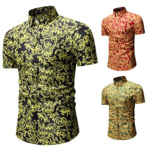 Hommes chemise en soie imprimé fleur mode hommes été décontracté à manches courtes qualité robe hawaïenne chemises hommes vêtements Camisa Masculina