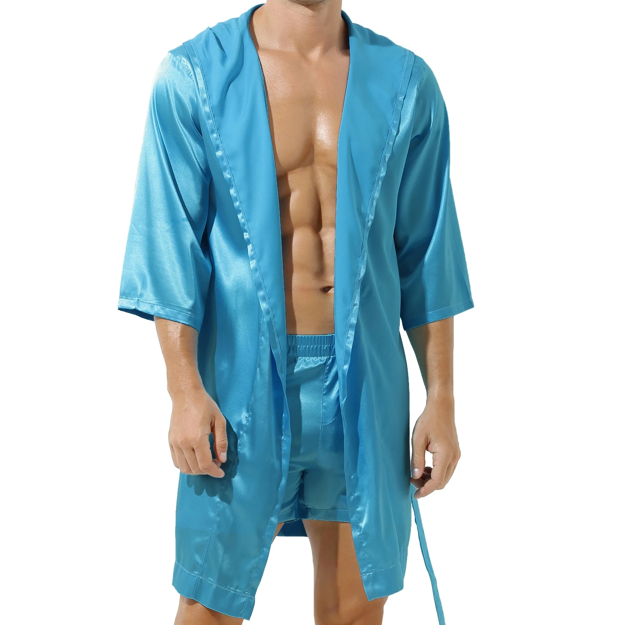 Männer Seidenfärbung Kimono Robe Bademantel Shorts Set Pyjama Roben sexy Robe Satin Robe
