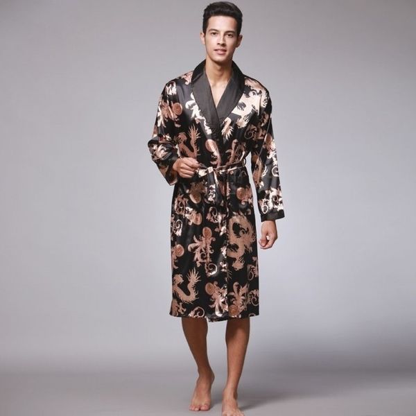 Hommes Soie Été et Automne Satin Kimono Peignoir Dragon Doré Genou Longueur Manches Longues Noir Robe De Bain Robe De Chambre Vêtements De Nuit Y20264G