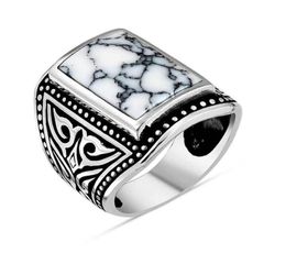 Anneau argenté pour hommes avec moteur de feuille de pierre turquoise blanc rectangle Rique fabriqué en dinde Solide 925 Anneaux de cluster Sterling9315920