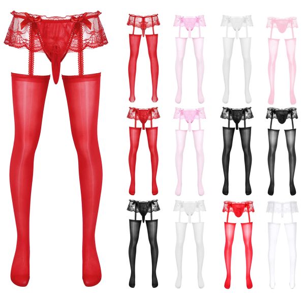 Hombres Sissy Sheer Lace Skirded Bantyhose Bull Bull Pouch G-String Galsy Garters Medias Gay Leggings Gay Corteut Lingerie Nightwear