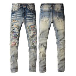 Herenjeans Europese en Amerikaanse high street jeans met versleten patch, elastische slim-fit herenlegging met patch