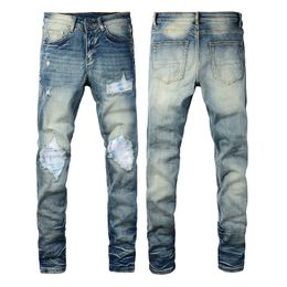 Jeans masculinos de alta rua na moda marca buraco quebrado colorido remendo jeans retro masculino elástico fino ajuste jeans