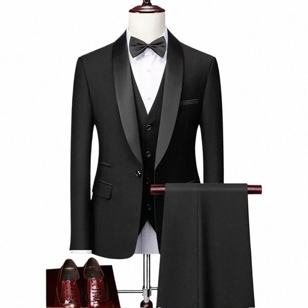 Hombres flacos 3 piezas Set Formal Slim Fit Tuxedo Traje de fiesta / Novio masculino Blazers de boda Alta calidad Dr Chaqueta Abrigo Pantalones Chaleco H53V #