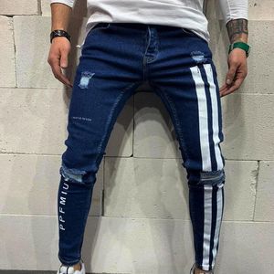 Pantalones vaqueros para hombre, pantalones vaqueros ajustados de motorista con rayas laterales, pantalones rasgados para hombre, pantalones vaqueros ajustados con cremallera rayada y agujero destruido