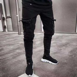 Mannen Skinny Jeans Multi-Pocket Slanke Potlood Broek 2021 Zwart Nieuwe Mannelijke Overalls Straat Hiphop Moto Fiets Kleding jeans X0621