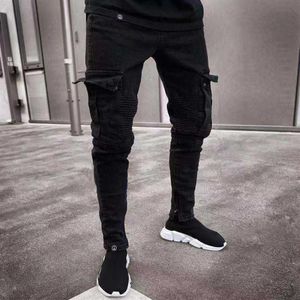 Mannen Skinny Jeans Multi-Pocket Slanke Potlood Broek 2021 Zwart Nieuwe Mannelijke Overalls Straat Hip-Hop Moto Bike kleding Jeans X0621221q