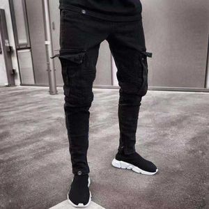 Mannen Skinny Jeans Multi-Pocket Slanke Potlood Broek 2021 Zwart Nieuwe Mannelijke Overalls Straat Hip-Hop Moto Bike kleding Jeans X06213423