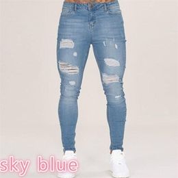 Mannen Skinny Jeans Ripped Hole Casual Denim Pant Full Lenght Potlood Broek Slanke Big Size Solid Cotton Stretch Man Distressed 211108
