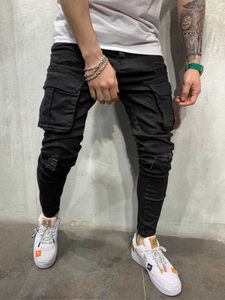 Hommes Skinny Ripped Jeans Crayon Slim Long Pantalon Printemps Trou Multi-Poche Mode Jeans Mince Mâle Hip Hop Moto Pantalon X0621