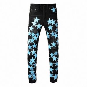 Hommes Ciel Bleu Cuir Étoiles Patchs Jeans Streetwear Noir Stretch Denim Skinny Pantalon Fuselé Trous Pantalon Déchiré Z5aV #