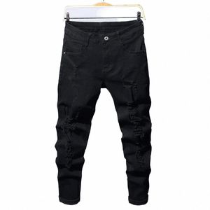 Hommes Slim Biker Ripped Lg Denim Pantalons Skinny Jeans poche Jeune homme Pantalon de jogging détruit Pantalon noir extensible n6qN #