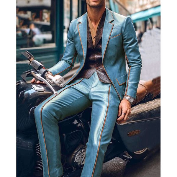 Hommes coupe ajustée Blazer pantalon 2 pièces ensemble contraste garniture cran revers veste en cuir PU homme d'affaires décontracté costume de bal Style Moto