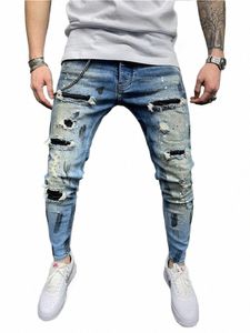 Mannen Slim-Fit HIP HOP Gescheurde jeans Man Geschilderd gedrukt Potlood Denim broek fi Patchwork Moto Biker Cowboy Bedelaar broek Mannen 62yu #