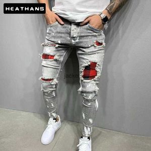 Hommes à ajustement mince jeans déchirés par patch de mode peint pantalon mendiant
