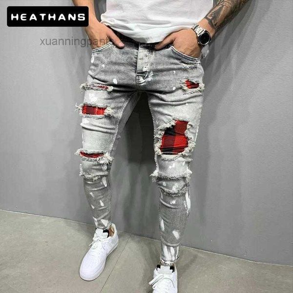 Hommes Slim-fit déchiré mâle Jeans peint mode Patch mendiant pantalon Jumbo crayon hanche goutte L56A