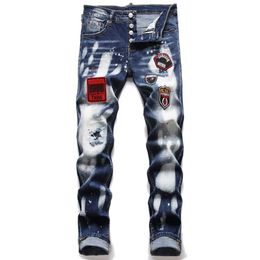 Männer Slim Fit Jeans mit geradem Bein Stretchy Ripped Badge Skinny Herren Jeanshose 5-Pocket Regular Cotton Jean Destroyed Hole Cl207M