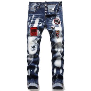 Mannen slanke rechte poot jeans stretchy gescheurde badge magere heren denim broek 5-pocket gewone katoenen jean vernietigde gat kleding pant hiphop casual broek 1233