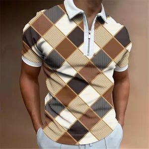 Hombres Slim Polo Shirt Verano Moda Plaid Patchwork Tops de manga corta para hombres casuales Turn-Down Collar Zip-Up Polo Shirts 220610