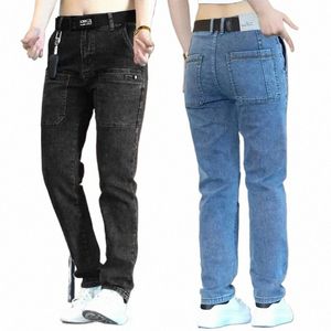 Hommes Slim Stretch Jeans Multi Poche Cargo Pantalon Fi Streetwear Designer Skinny Homme Denim Pantalon Marque Vêtements Bleu Noir X1Pq #