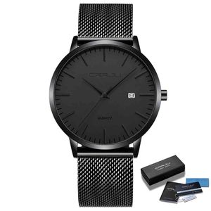 Mannen Slanke Horloges CrRju Fashion Casual Date Waterdichte Mesh Band Horloges voor Mannen Cool Black Quartz Steel Polshorloge 210517