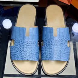 Sandalias de diseñador de zapatillas Sandalias de diseñador Izmir Flip Flop Cuero Patrimonio Patrimonio de piel de becerro verano Elzante de la moda azul de la moda del hogar