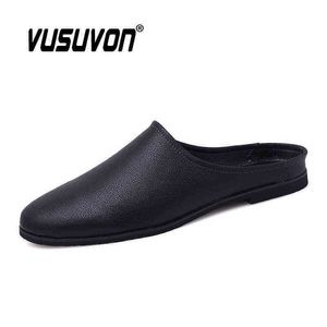 Hommes pantoufles été noir en cuir mocassins confort diapositives pour homme pas cher léger antidérapant demi chaussures grande taille 45 220216