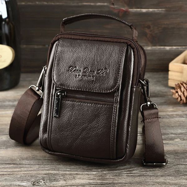 Hommes Petit Épaule Bandoulière Sacs À Main En Cuir Véritable Ceinture Hanche Bum Fanny Taille Pack Véritable Peau De Vachette Mâle Mini Messenger Sac 240311