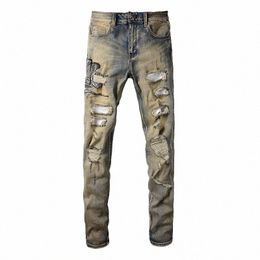 Hommes Snake Broderie Denim Jeans Vintage Bleu Snakeskin Cuir Patch Stretch Pantalon Skinny Pantalon Fuselé S8aF #