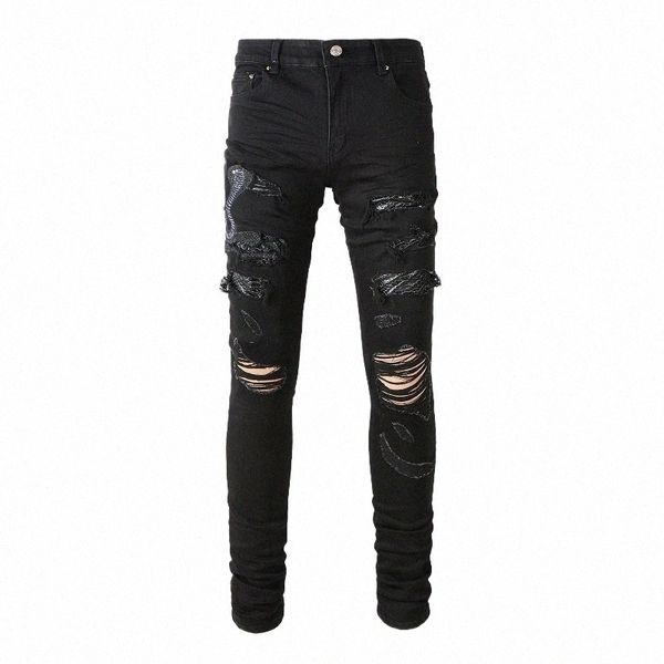 Hombres serpiente bordado jeans flaco cónico estiramiento pantalones de mezclilla streetwear agujeros rasgado parche de cuero patchwork pantalones negro y3tp #