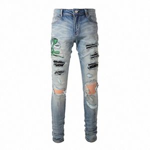 Hommes Serpent Broderie Jeans Streetwear Patch En Cuir Stretch Denim Skinny Pantalon Trous Déchiré Pantalon Crayon Distreesed 78Rt #